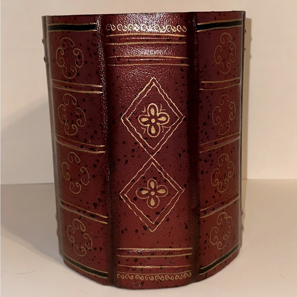 Beautiful leather bound faux book spine waste can trash can.